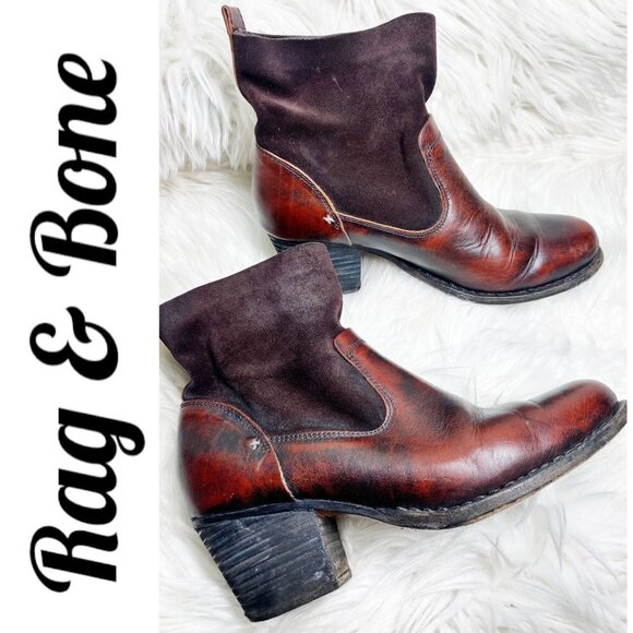 RAG & BONE Mercer II Suede Handmade Antiqued Leather Burgundy Booties, Size 37 - Picture 1 of 12